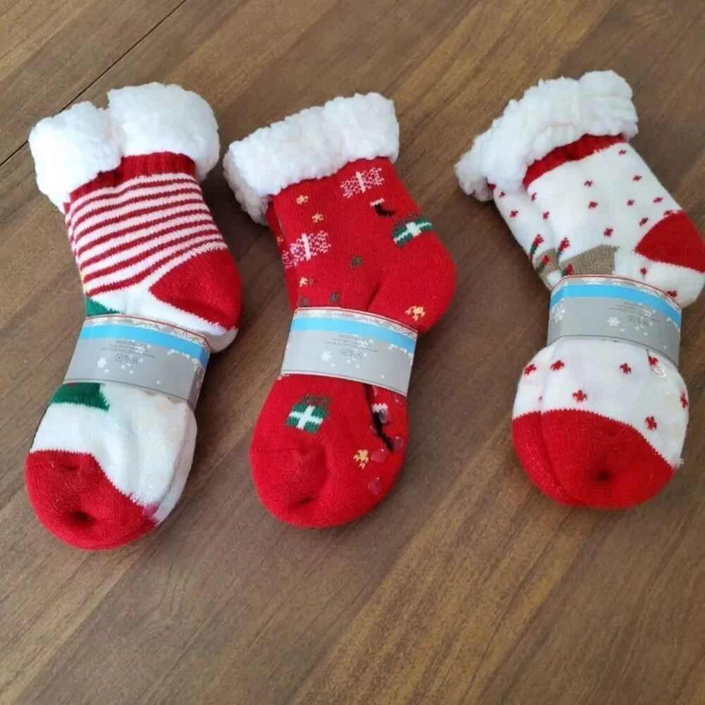 Sumona Sherpa Lined Cabin Socks Knit None Skid Winter Cozy Slipper Set of 3